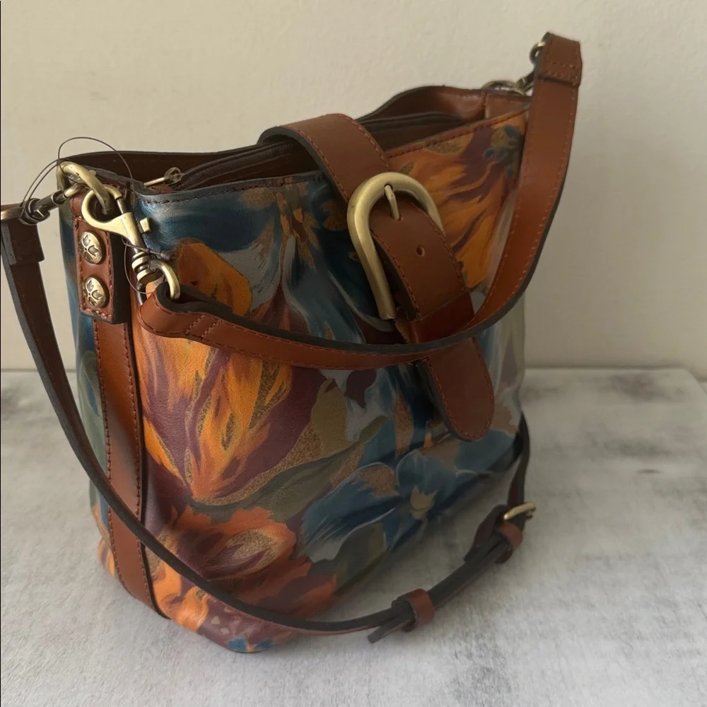 Patricia Nash Irving Bucket Handbag Leather Disstressed  Marigold Harvest Floral
